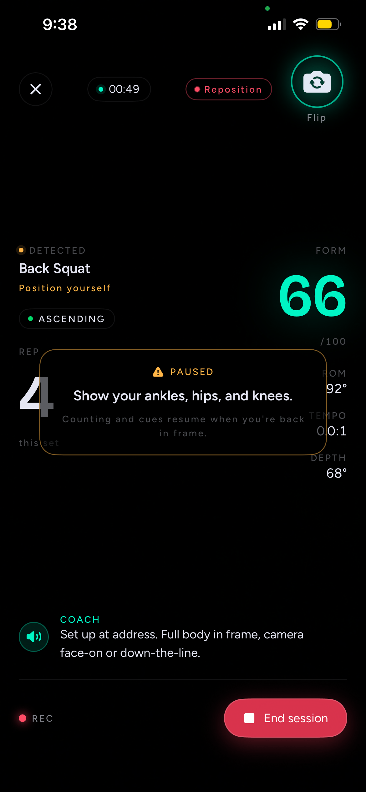 A live Atmi session scoring a back squat, showing form score, range of motion, tempo and depth