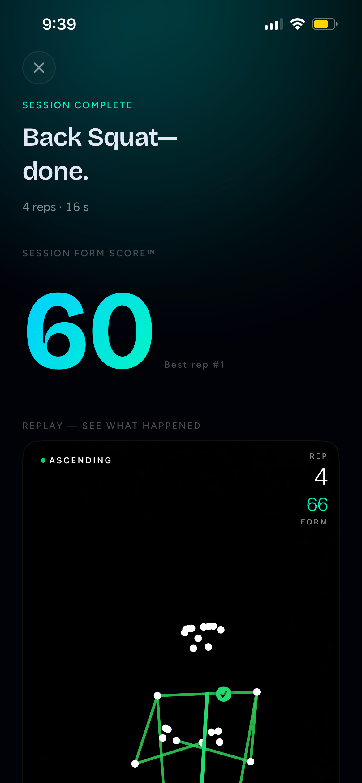 Atmi's session complete screen showing a session form score and a replay of the set